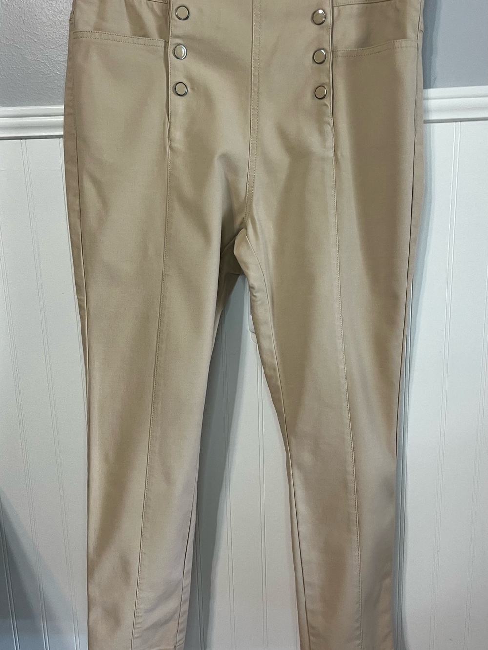 J McLaughlin Tan Skinny Ponte Pants with Sailor-Button Detail